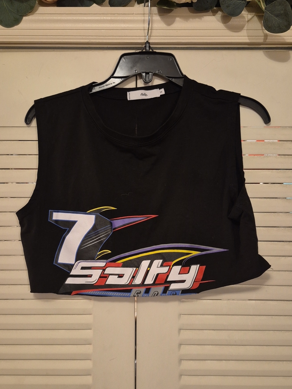 Adika Black Crop Tank with Multicolor Racing Graphic